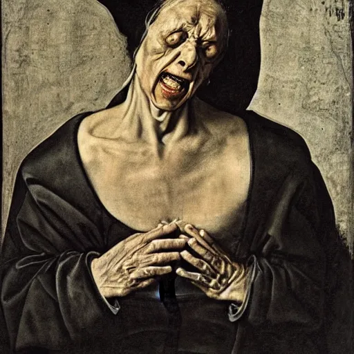 Prompt: an ugly very old woman, witch, angry, hate, mannerism, by Agnolo Bronzino