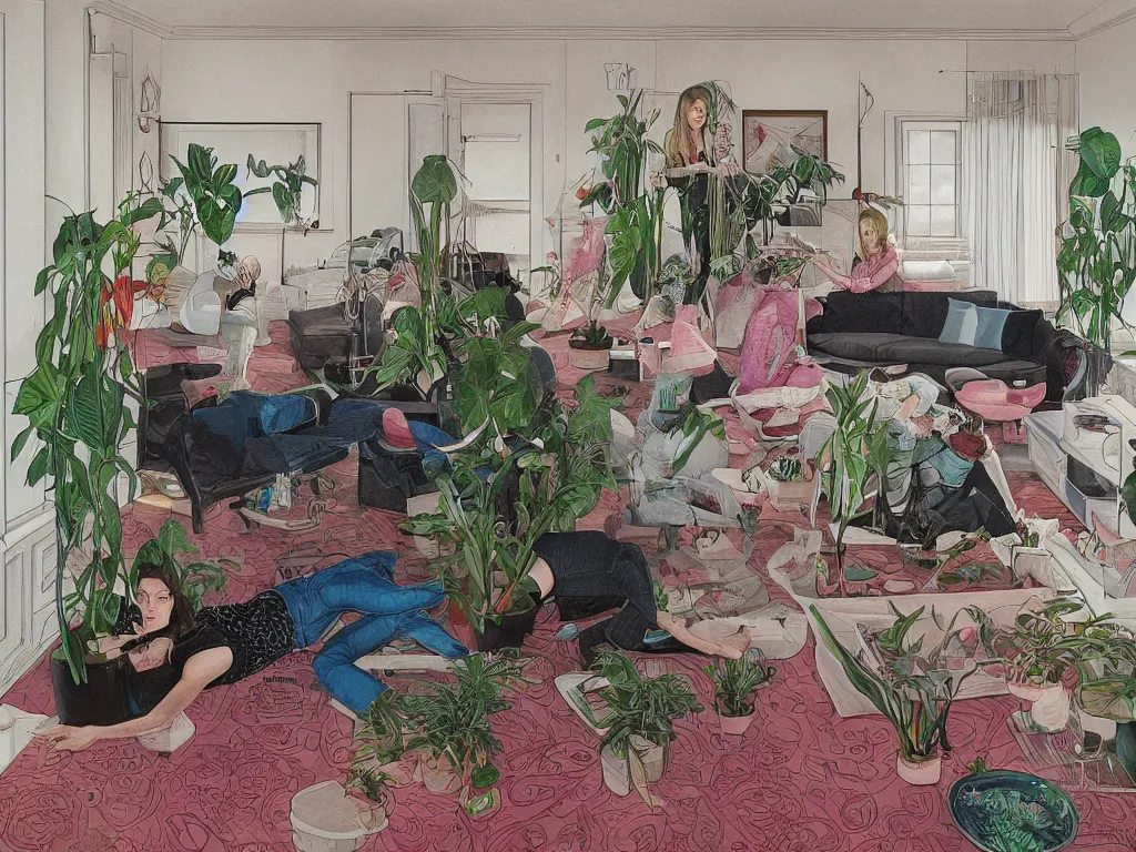 Prompt: realistic detailed image of one woman start to bounce in a living room of a house, floating dark energy surrounds the middle of the room. There is one living room plant to the side of the room, by martine johanna and moebius