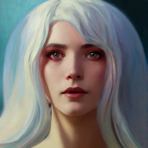 Image similar to oil painting of a priestess white haired women, cameraflash portrait by ilya kuvshinov, artgerm, alphonse mucha, and greg rutkowski, wearing blue coat, red makeup, wind mage, casting a spell, fantasy artwork, fantastic artwork, 4 k, trending on artstation