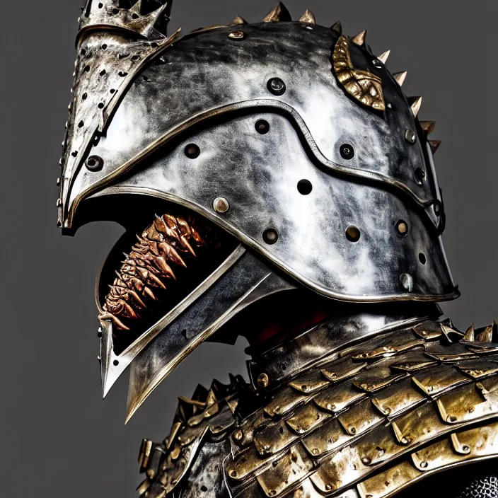 Image similar to photo of a warrior with metal crocodile themed armour and helmet, highly detailed, 4 k, hdr, smooth, sharp focus, high resolution, award - winning photo