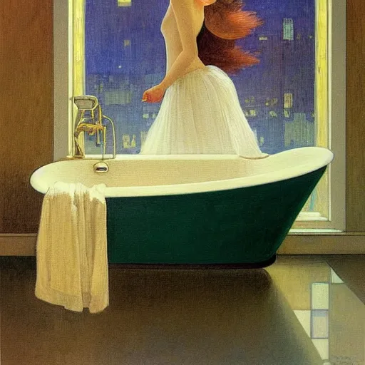 Prompt: dreamy oil painting of young woman in a large bathtub full of milk, smiling with her eyes closed as she washes herself, city lights from art deco window, hopper, mucha, irene patten, manara