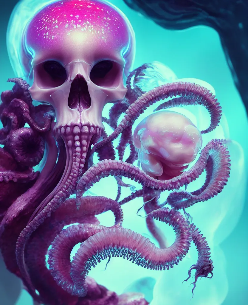 Image similar to goddess close - up portrait human skull, ram skull, squid phoenix jellyfish, orchid, betta fish, bioluminiscent, intricate artwork by tooth wu and wlop and beeple. octane render, trending on artstation, greg rutkowski very coherent symmetrical artwork. cinematic, hyper realism, high detail, octane render, 8 k