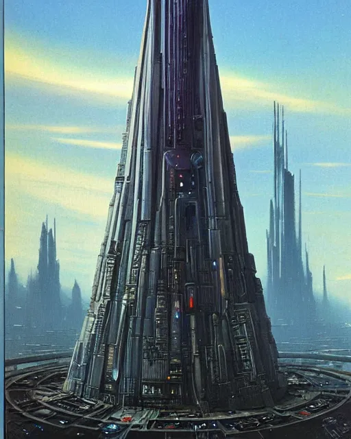 Prompt: cyberpunk tower by ralph mcquarrie and frank lloyd frank lloyd and bruce pennington and ted nasmith