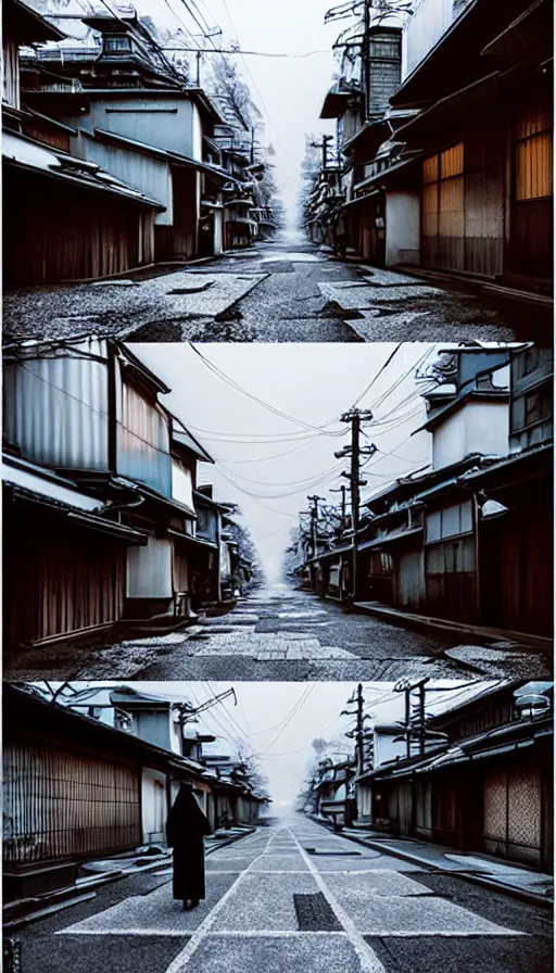 Image similar to nuclear winter, street of kyoto, near future, fantasy, sci - fi, hyper realistic, serene, morning.