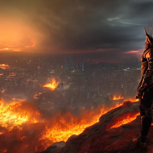 Image similar to warlord standing over a cliff with a city burning behind unreal 4k, digital art,