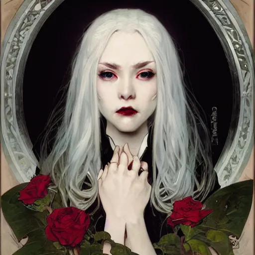 Prompt: portrait of a menacing beautiful vampire by Stanley Artgerm Lau , greg rutkowski, thomas kindkade, alphonse mucha, loish, norman rockwell, J. C. Leyendecker. bright white hair, pale skin, angry complexion, detailed eyes, no mouth, black rose frame. D&D, fantasy, lord of the rings. Trending on artstation rule of thirds extremely detailed old illustration hd 4k