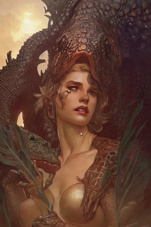 Image similar to crocodile god date, d & d, fantasy, intricate, elegant, highly detailed, digital painting, artstation, concept art, matte, sharp focus, illustration, art by artgerm and greg rutkowski and alphonse mucha