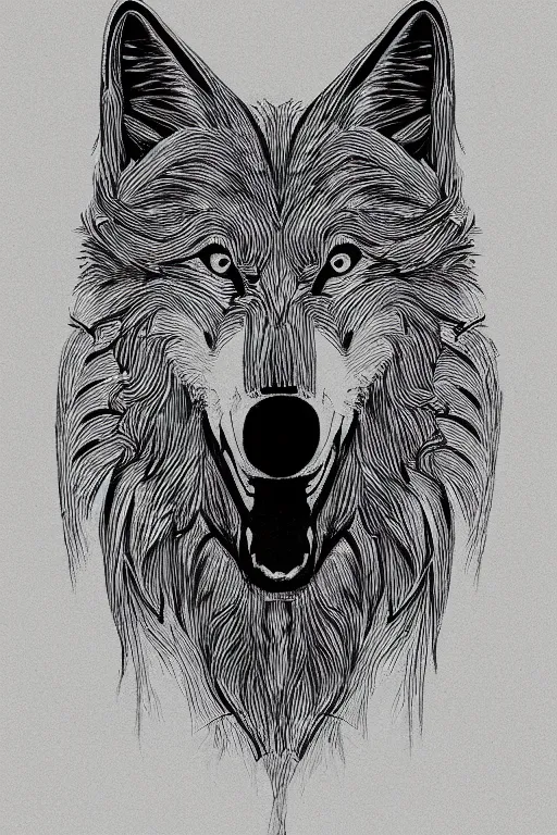 Image similar to Psychotic crisis portrait of a wolf head. pen sketch on white paper, simple black lines, lineart