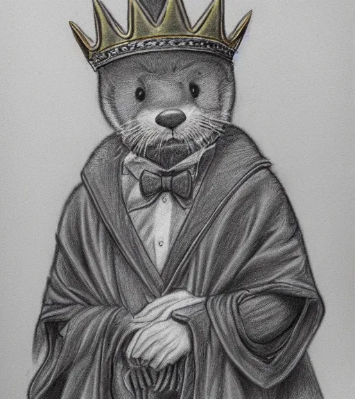 Image similar to master furry artist pastel pencil drawing full body portrait character study of the anthro male anthropomorphic otter fursona animal person wearing crown and cape royal western king regal intricate ornate