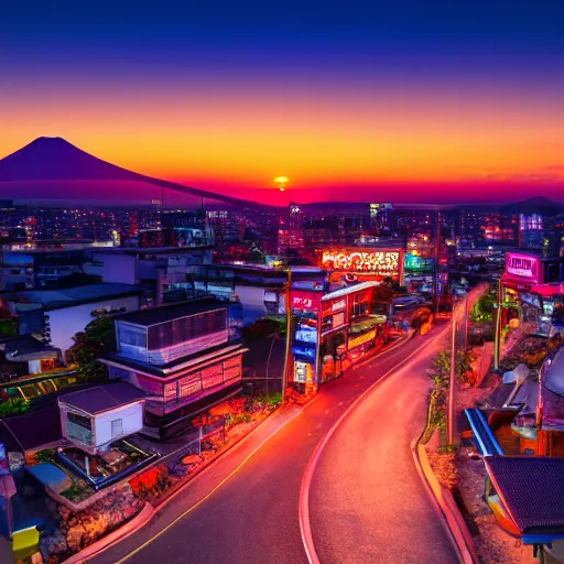 Image similar to synthwave japanese town, sunset, sharp focus, 8 k, high details