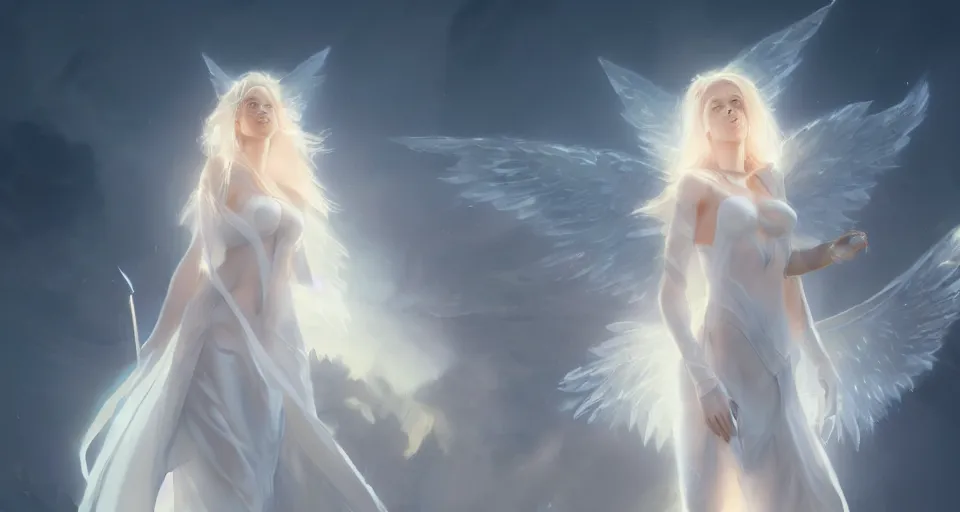 Prompt: blonde fantasy goddess, white elegant clothing, glowing aura, angel wings, artstation, 4 k, greg rutkowski, concept art, matte painting