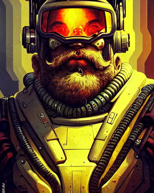 Image similar to torbjorn from overwatch, character portrait, portrait, close up, concept art, intricate details, highly detailed, vintage sci - fi poster, retro future, vintage sci - fi art, in the style of chris foss, rodger dean, moebius, michael whelan, and gustave dore