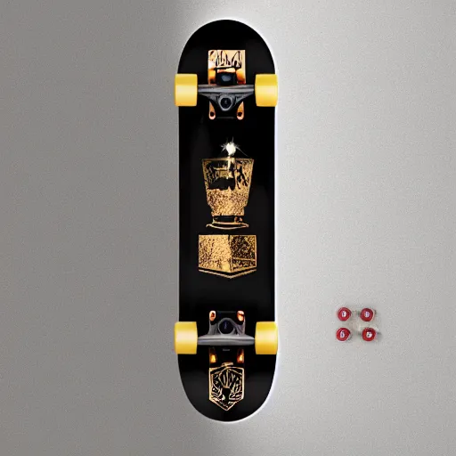 Image similar to steampunk skateboard gold black and rose, shiny golden, studio light, 4 k, highly detailed, black background, light on top
