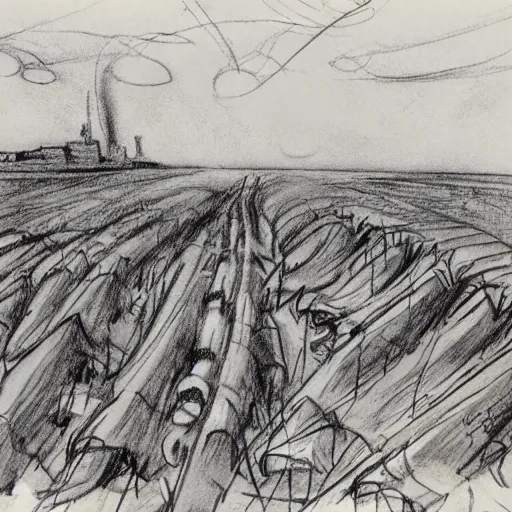 Image similar to milt kahl sketch of world war 1 trenches with the city of miami in the background