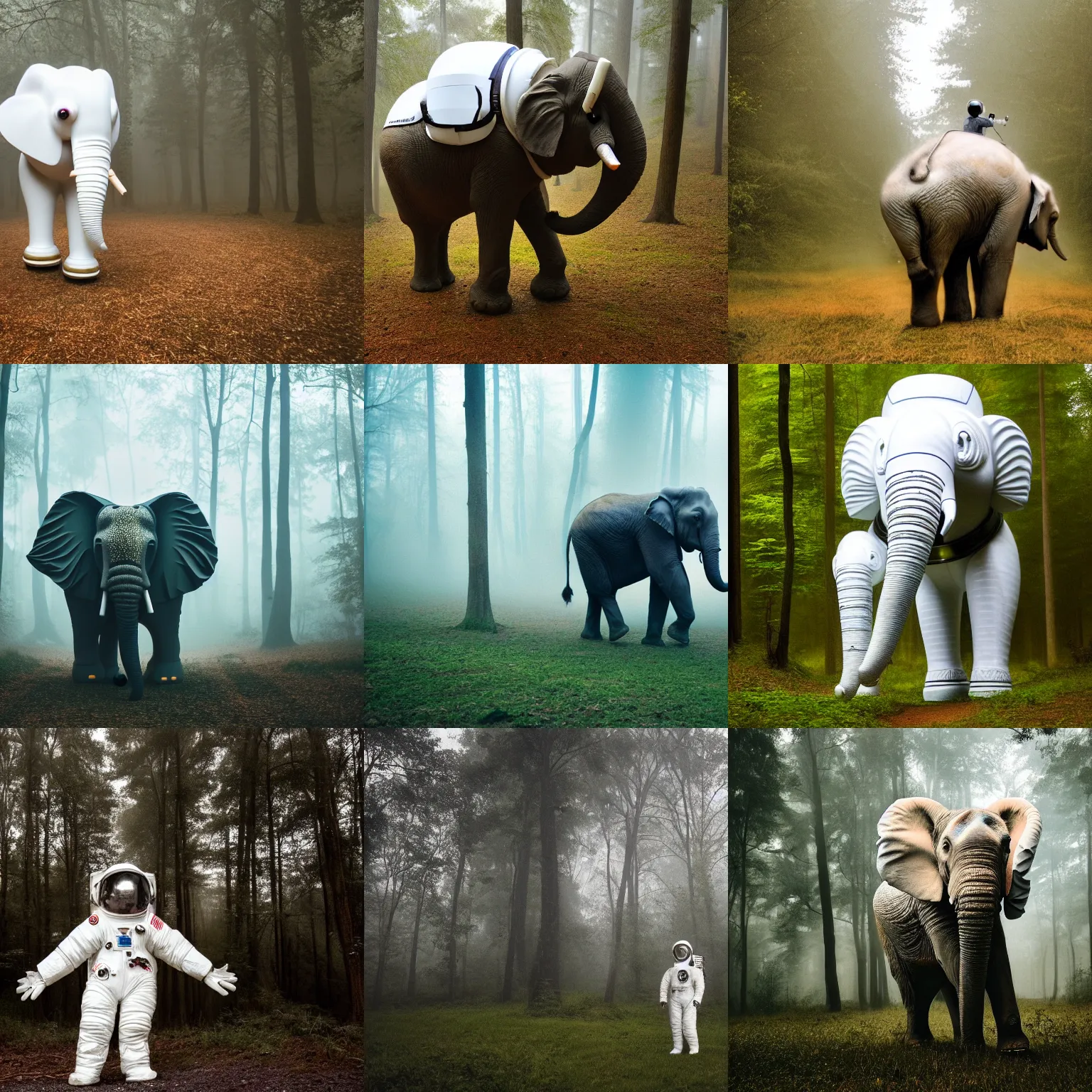 Prompt: giant elephant wearing white spacesuit with oversized helmet as astronaut animal, in the woods, foggy mood, overcast bokeh - c 8