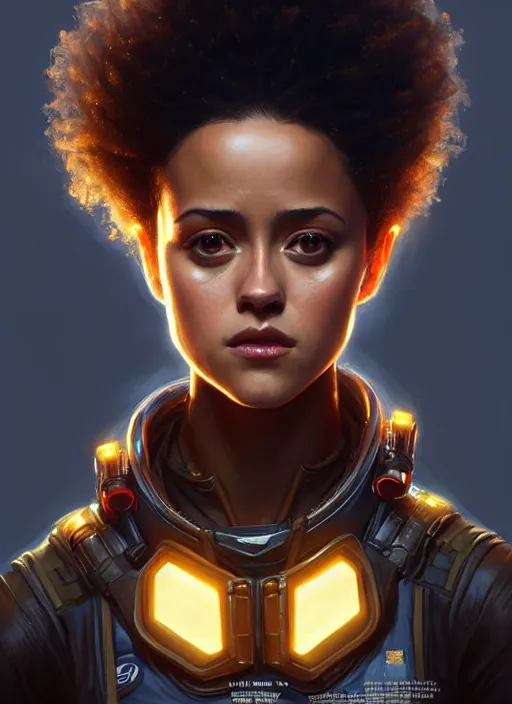 Image similar to portrait of apex legends nathalie emmanuel, intricate, elegant, glowing lights, highly detailed, digital painting, artstation, glamor pose, concept art, smooth, sharp focus, illustration, art by artgerm and greg rutkowski, artey freytag