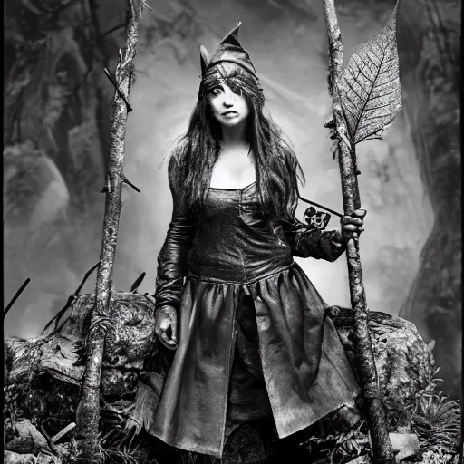 Prompt: a determined dnd deep gnome druid with leather clothing and leaves and sticks in her hair, photo by annie leibovitz b&w