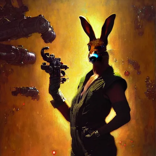 Image similar to portrait of a rabbit wearing a jumpsuit. shadowrun furaffiniy cyberpunk fantasy highly detailed painting by gaston bussiere craig mullins jc leyendecker gustav klimt artgerm greg rutkowski john berkey, bergey, craig mullins, ruan jia, raymond swanland, jeremy mann, tom lovell, alex malveda