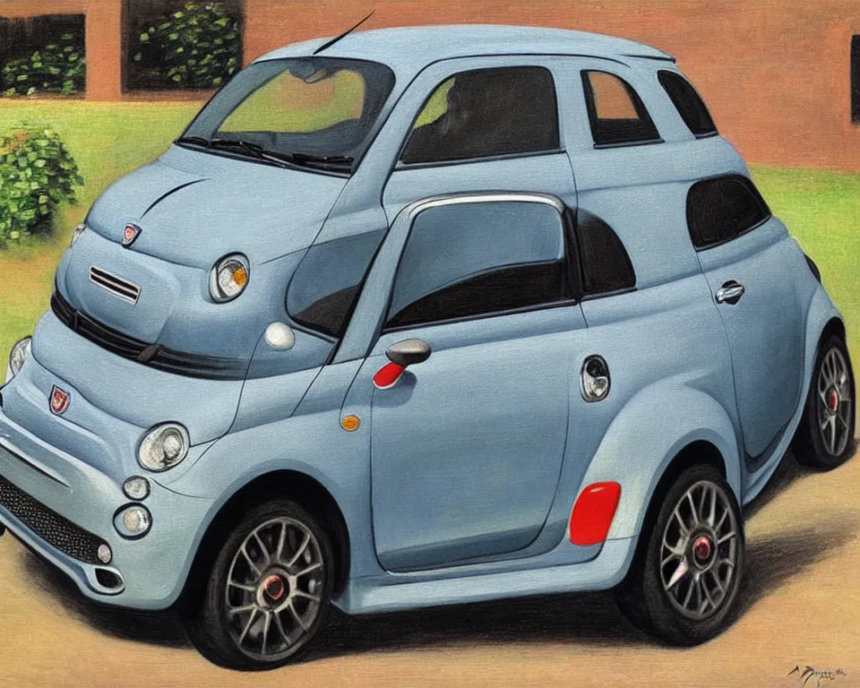 Prompt: achingly beautiful painting of a graphite 2 0 1 3 fiat 5 0 0 abarth by rene magritte, monet, and turner.