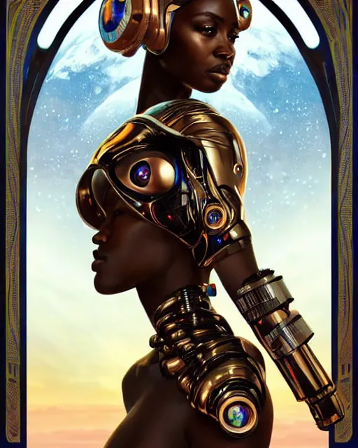 Image similar to Epic Poster of very very very very very very beautiful african woman, spacesuit, futuristic cybernetic helmet, blue eyes, real life skin, intricate, elegant, highly detailed, artstation, concept art, smooth, sharp focus, art by artgerm and greg rutkowski and alphonse mucha