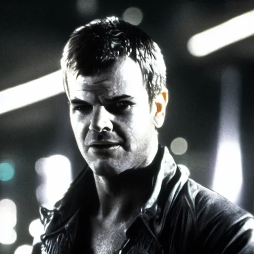 Image similar to very young Jack Nicholson as Rick Deckard on blade runner 1982, smiling, wide angle lens, 35mm, movie still, city lights on the background, in color, movie frame, detailed face, symmetrical face, 4k