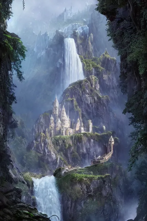 Image similar to extreme low angle shot of a beautiful elven castle made of silver above huge waterfalls, lovely valley, by James Gurney, by Greg Rutkowski, concept art, volumetric lighting, intricate, vivid colors, octane render, trending on artstation, 8k