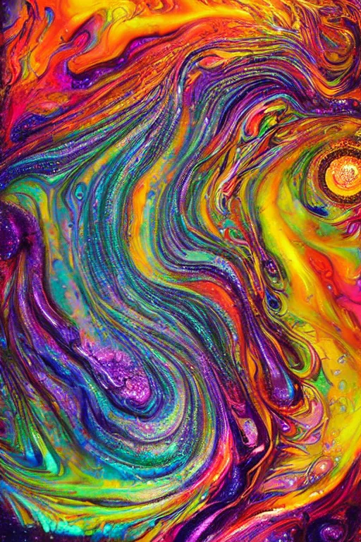 Prompt: ultra detailed acrylic pour fluid dynamics flow art a painting of a iridescent nebular with a colorful swirl shimmering with pearlescence, acrylic marbling art by sam spratt, rhads, deviantart, psychedelic art, psychedelic, cosmic nebula, chromatic