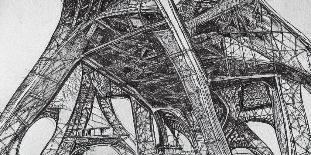 Prompt: architectural design studies of Eiffel Tower, different closeup view, drawn by Leonardo da vinci, ink and pen draw, artistic, intricated