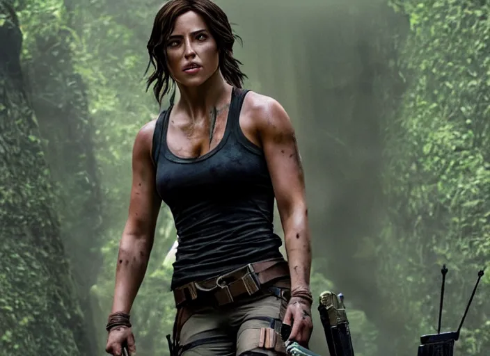 Image similar to film still of!!!! chloe bennett!!! as lara croft in new tomb raider movie, 8 k