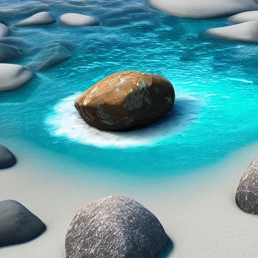 Image similar to a beautiful rock on the beach, octane render, nvidia raytracing demo, detailed, 8 k, masterpiece