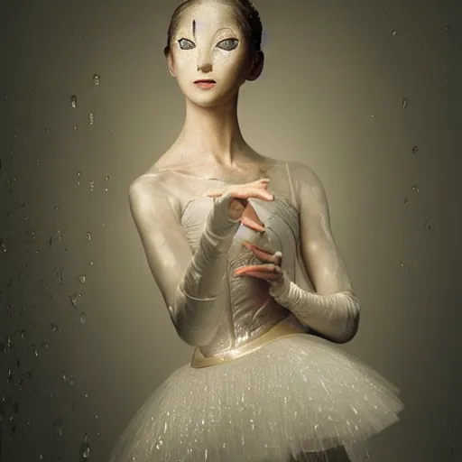 Image similar to portrait of a ballerina with a beautiful porcelain face dressed in a venecian mask, rain, cinematic light and reflections, beautiful dreamy lighting, photographed by annie leibovitz, zbrush,