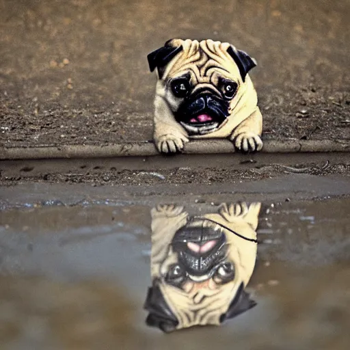 Prompt: pug in a puddle photorealistic