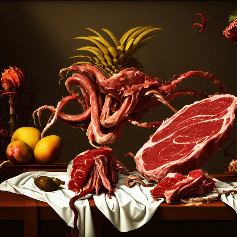 Image similar to still life of rotten meat, xenomorph, beautiful tropical flowers, human spine, tropical fruit baroque painting, beautiful detailed intricate insanely detailed octane render, 8K artistic photography, photorealistic, chiaroscuro, Raphael, Caravaggio