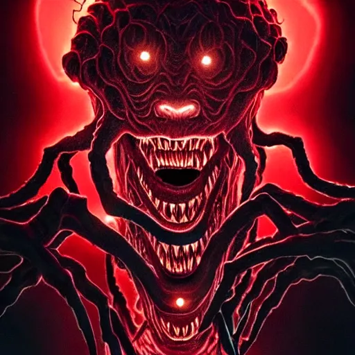 Image similar to demogorgon from stranger things, skin crawling hissing towards the viewer, extremeely spooky vibe, aggressive stance, gesturing towards the camera, ready for attack, comic lighting, the upside down