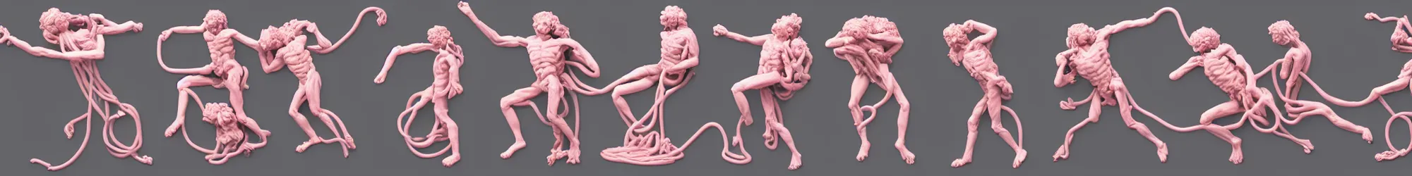 Image similar to long line-up of pink powdered laocoon and his sons struggling with twisted golden wire, intertwined full body view, plastic injection mold toys, product photography, black background