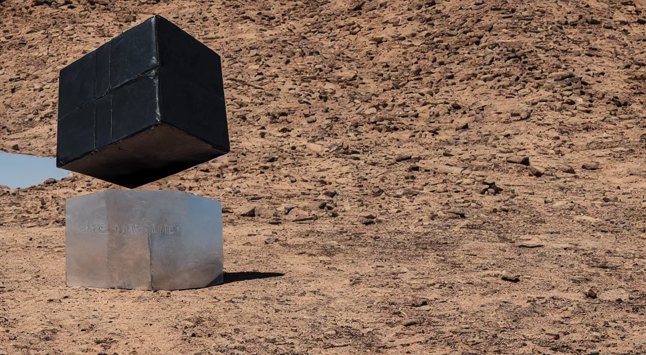 Prompt: Big cube made of black metal in the middle of the desert, professional photograph,