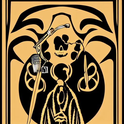 Image similar to dark death metal themed vector illustration of a fantastical menacing ent holding a microphone, award winning, grunge, iconic, golden ratio