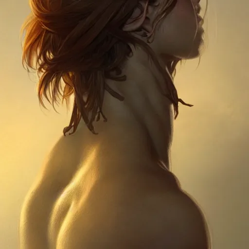 Prompt: back portrait of a rugged female ranger, full body, hairy torso, D&D, fantasy, intricate, elegant, highly detailed, digital painting, artstation, concept art, matte, sharp focus, illustration, art by Artgerm and Greg Rutkowski and Alphonse Mucha