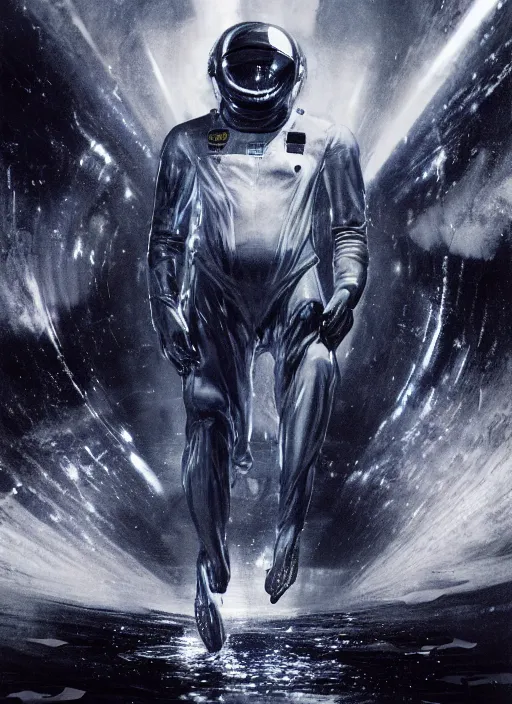 Image similar to astronauts in dark and empty void underwater - complex and dynamic composition. reflection and dispersion materials. rays and dispersion of light. volumetric light. 5 0 mm, f / 3 2. noise film photo. flash photography. ultra realistic, motion blur poster by wayne barlowe, hajime sorayama aaron horkey, craig mullins. dark key.