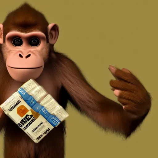 Image similar to monkey holding a pack of marlboros, dramatic 3d render, artstation