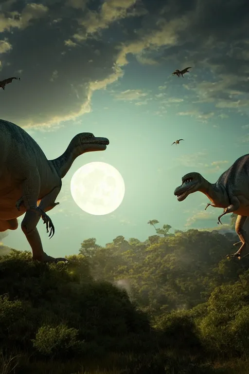 Image similar to a scene in the late cretaceous depicting confused dinosaurs floating above a beautiful landscape under moonlight, artstation, cgi, 3 d render, terragen, photorealistic, highly detailed, light shafts, volumetrics, global illumination, ambient light