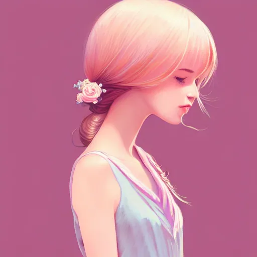 Image similar to young girl in summer dress art, pastel light pink long hair, muted colors, matte print, pastel colors, ornate, digital art, digital painting, fan art, elegant, artstation, head is centered, by Ilya Kuvshinov