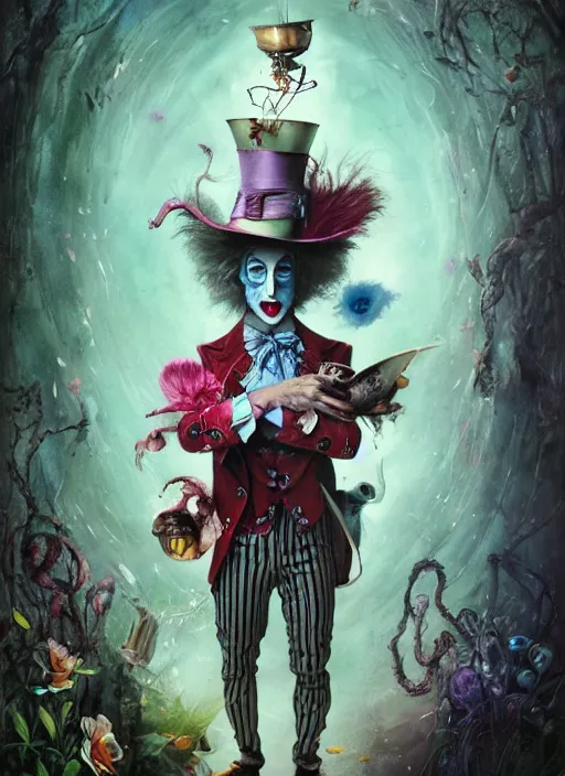 Image similar to alice in wonderland mad hatter the magician tarot card, highly detailed, cinematic, 8 k, by stanley artgermm, tom bagshaw, greg rutkowski, carne griffiths, ayami kojima, beksinski, giger, trending on deviantart, hyper detailed, horror, full of colour