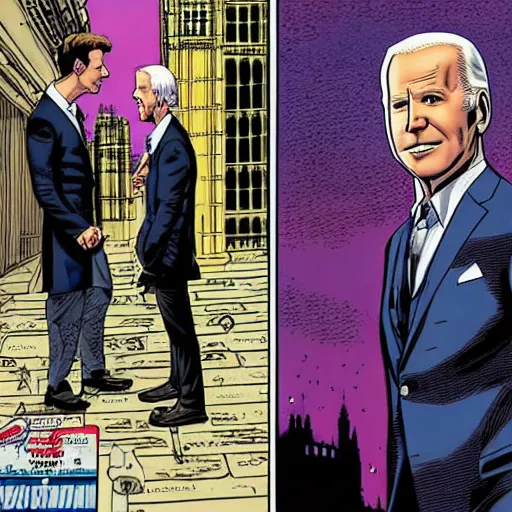 Image similar to marvel comic of The Tenth Doctor standing next to Joe Biden looking at Big Ben