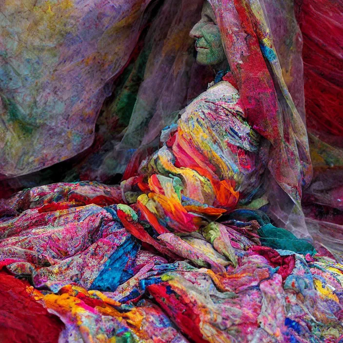 Prompt: a color photograph, closeup portrait of a woman wrapped in textiles, sitting in a plastic throne, in glacier national park in montana, color photograph, by vincent desiderio, canon eos c 3 0 0, ƒ 1. 8, 3 5 mm, 8 k, medium - format print