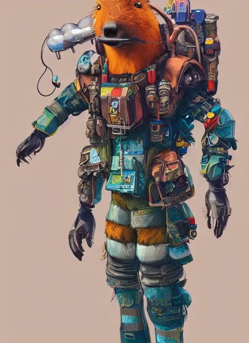 Image similar to cartoon, detailed full body concept art, illustration matte painting, an anthropomorphic capybara pilot in full intricate colorful clothing, ultra detailed, digital art, octane render, 4K, dystopian, biomutant, micro details