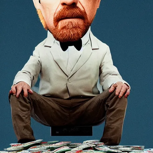 Prompt: Heisenberg sitting on a pile of money.