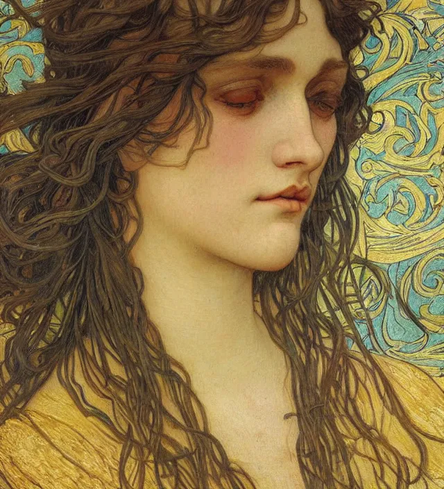 Image similar to detailed realistic beautiful young medieval queen face portrait by jean delville, alphonse mucha, vincent van gogh, and marco mazzoni, art nouveau, symbolist, visionary, gothic, pre - raphaelite