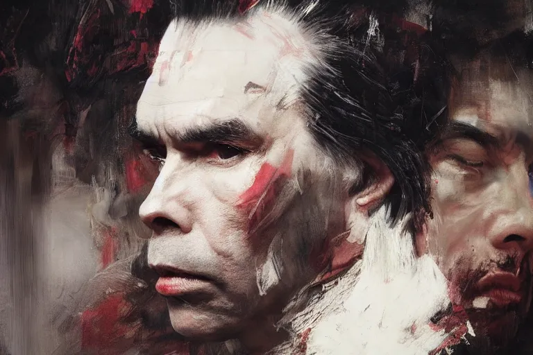 Prompt: a portrait of nick cave, masterpiece, dramatic lighting, painting by ruan jia and jakub rebelka