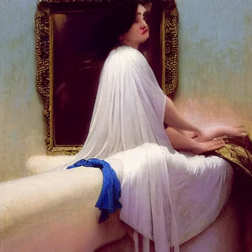 Image similar to young woman's face, her hair is white and she wears a cobalt blue duchesse satin cloak, by gaston bussiere and moebius and syd mead and roger dean and ivan aivazovsky and aelbert cuyp and willem claesz and pieter claesz and paul delaroche and alma tadema, hyperrealistic, volumetric light, octane